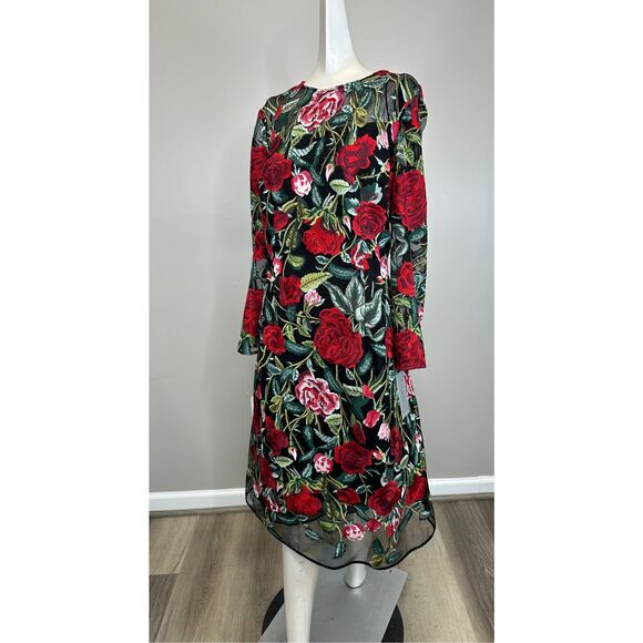 NWT TERI JON Floral-embroidered Illusion Midi-dress In Black Multi US18 $650 - Picture 7 of 11